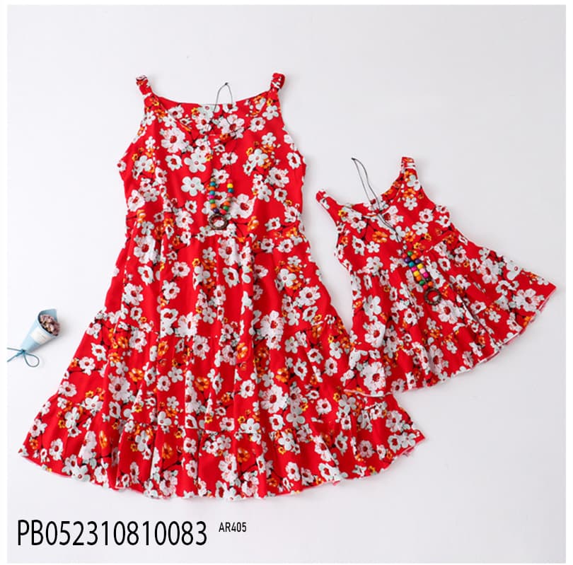 Casual Wear (লাল রঙের ওপর সাদা ফুল প্রিন্টের স্ট্র্যাপলেস/নডল স্ট্র্যাপ ফ্রক এবং সাথে ম্যাচিং নেকলেস সেট)